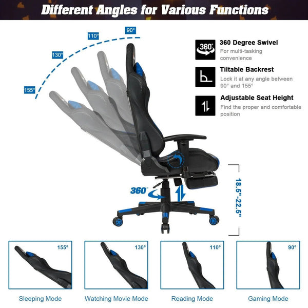 Ergonomic Gaming Chair with Footrest, High Back Faux Leather Gaming Chair with RGB Led Light and Adjustable Armrest Height Adjustable Swivel