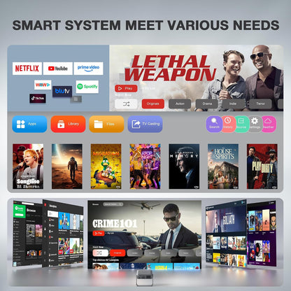 [Officially-Licensed App & Auto Focus]Light Silver Smart Mini Projector with Wifi and Bluetooth,  4K Support Movie Projector, Portable Native 1080P Outdoor Projector with 360° Stand