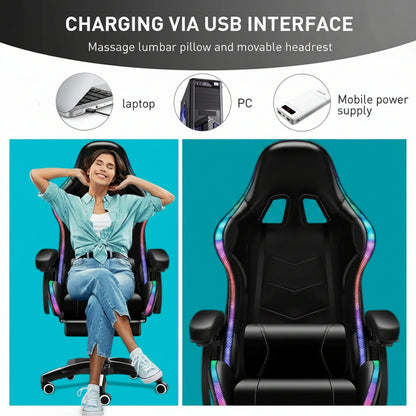 Ergonomic Gaming Chair with Footrest, High Back Faux Leather Gaming Chair with RGB Led Light and Adjustable Armrest Height Adjustable Swivel
