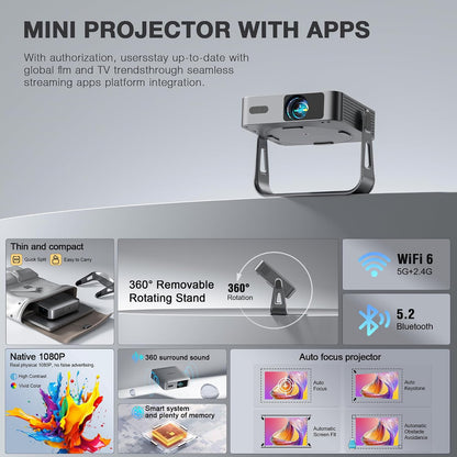 [Officially-Licensed App & Auto Focus]Light Silver Smart Mini Projector with Wifi and Bluetooth,  4K Support Movie Projector, Portable Native 1080P Outdoor Projector with 360° Stand