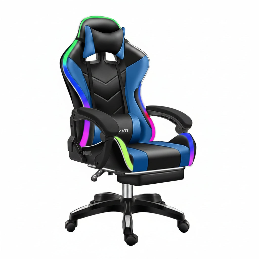 Ergonomic Gaming Chair with Footrest, High Back Faux Leather Gaming Chair with RGB Led Light and Adjustable Armrest Height Adjustable Swivel