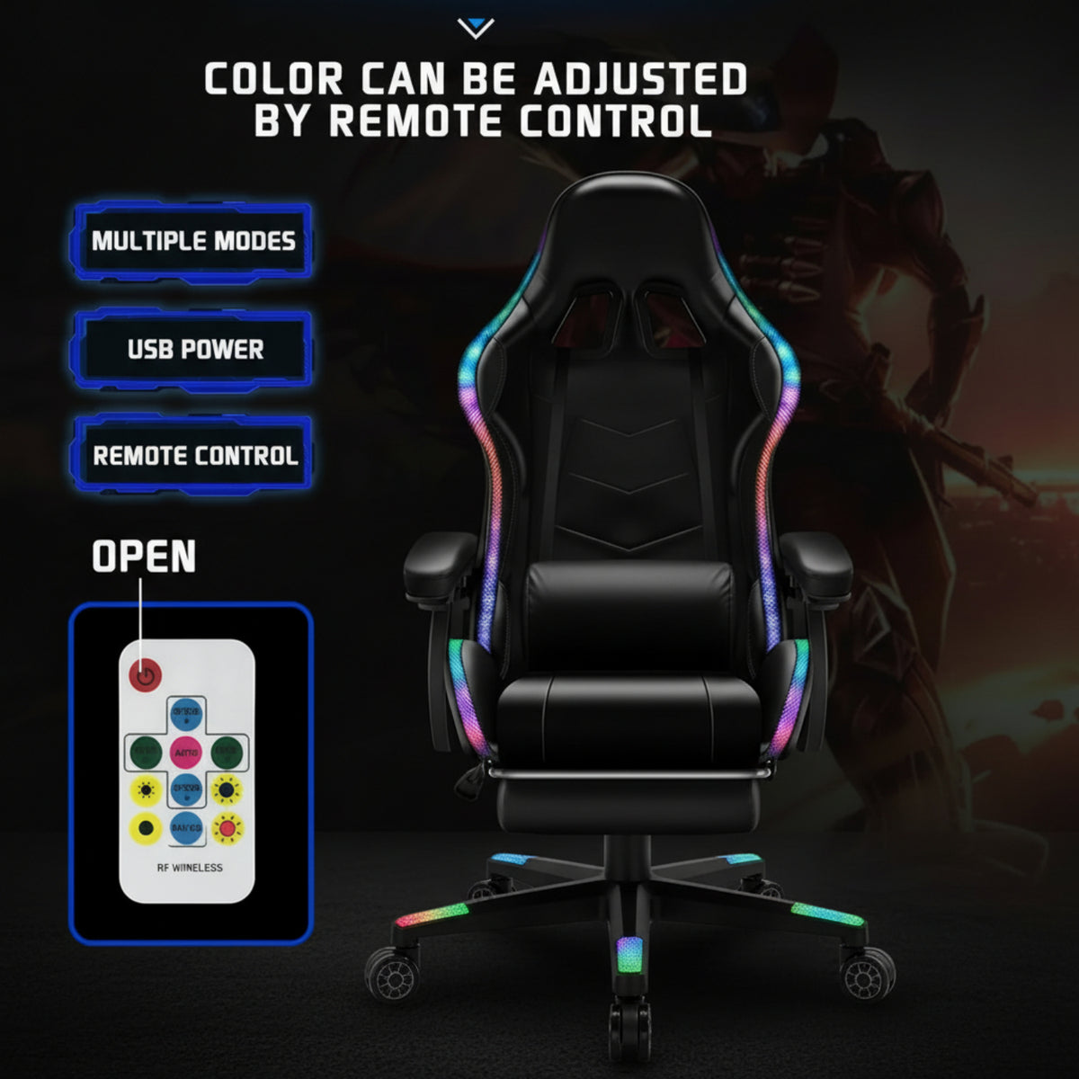 Ergonomic Gaming Chair with Footrest, High Back Faux Leather Gaming Chair with RGB Led Light and Adjustable Armrest Height Adjustable Swivel