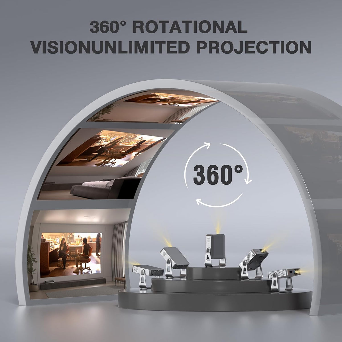 [Officially-Licensed App & Auto Focus]Light Silver Smart Mini Projector with Wifi and Bluetooth,  4K Support Movie Projector, Portable Native 1080P Outdoor Projector with 360° Stand