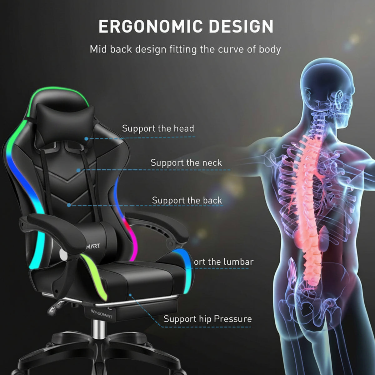 Ergonomic Gaming Chair with Footrest, High Back Faux Leather Gaming Chair with RGB Led Light and Adjustable Armrest Height Adjustable Swivel