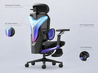 Ergonomic Gaming Chair Built to Support All-Day Comfort, 4D Lumbar Support, 140° Recline, 720° Armrests — Feature Infographic